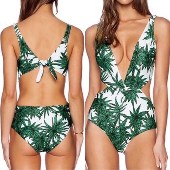 PLUNGE NECK TROPICAL SWIMSUIT - Picture 4 of 12
